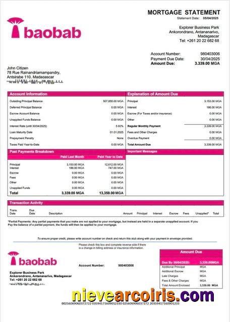 Madagascar Baobab Banque Madagascar mortgage statement Word and PDF template